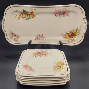 China Brand Royal Doulton England: Royal Doulton - Orchids - Sandwich Tray and 6 Plates