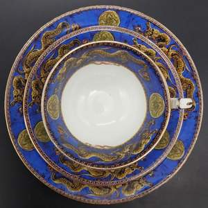 China Brand Grafton China England: Grafton - Dragon on Blue Band with Pattern on Inside of Cup - Trio