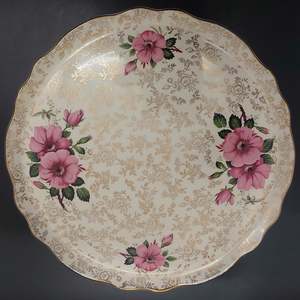 James Kent -  Pink Roses, Gold Filigree - Cake/Pavlova Plate