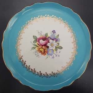 China Brands I J: James Kent -  Floral Spray, Turquoise Band - Cake/Pavlova Plate