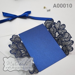 Dark Blue Metallic Floral Gatefold Wedding Invitation Laser Cover A000010 122mm x 176mm