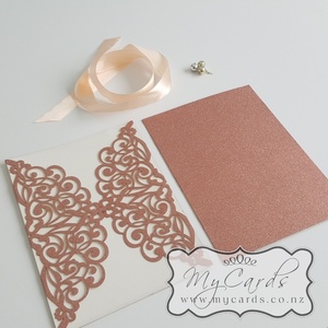 Lasercut Covers - MyCards Wedding Invitations: Rose Gold Glitter Gatefold Wedding Invitation Laser Cover GLRG420 130mm x 180mm suit 5×7