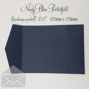 Blue: Navy Blue Pocketfold Wedding Invitation 5×7 Landscape
