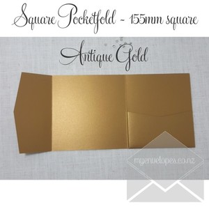 Antique Gold Metallic Pocketfold Wedding Invitations – 155mm Square