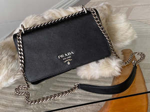 Bags: Prada Black Tessuto & Saffiano Pattina Chain Flap