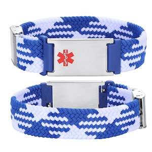 Girls Medical Id Bracelets: Cameron Blue & White Loop Stretch Medical ID