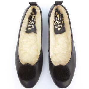 Slippers: Leather Pompom Ballet Slippers - Black