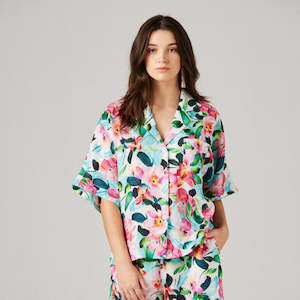 Bamboo And Silk Sleepwear: Cleo Linen Pyjama Shirt - Petal Bloom
