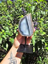 Pink Amethyst Geodes: Grey Dyed Agate Slice on Stand