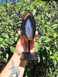 Pink Amethyst Geodes: Black Dyed Agate Slice on Stand