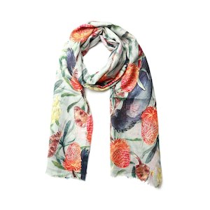 Best Sellers: Grey Cockatoo Banksia Scarf – Merino Wool Embroidered | Australian Native Bird & Floral Print