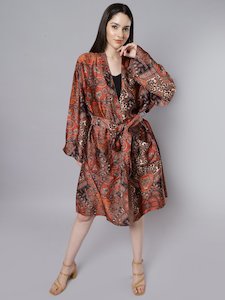 Belted Kimonos: Tiny Paisleys Print Belted Modal Satin Kimono