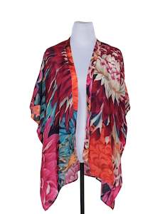 Viscose Crep Cape: Japanese Chrysanthemum Red Viscose Crepe Kaftan Cape