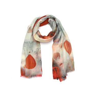 Abstract: Autumn Sky Balloons Scarf – Merino Wool Silk Wrap | Abstract Floating Dreams in Fiery Sunset Hues