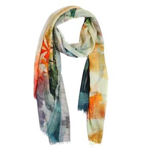 Australian Coastal: Tropical Horizon Floral Landscape Scarf – Modal Silk Designer Wrap | Watercolor Coastal Print