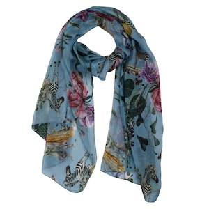 Australian Coastal: Savanna Bloom Botanical & Wildlife Scarf – Pure Silk Designer Wrap | Blue Artistic Australian Coastal Print
