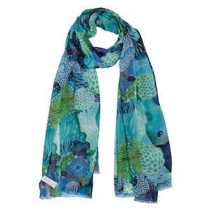 Japanese: Ocean Bloom Abstract Scarf – Modal Silk Designer Wrap | Underwater Botanical Blue Print