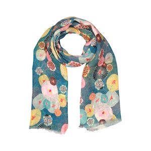 Lotus Leaves Japanese Floral Scarf – Pure Linen Designer Wrap | Multicolor Nature Print