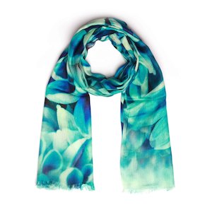 Cashmere Wool: Azure Chrysanthemum Floral Scarf – Cashmere Wool Designer Wrap | Blue Botanical Bloom Print