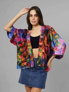 Floral Print Cotton Velvet Short Kimono