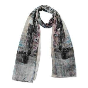 Cotton Voile: Canal Reflections Architectural Scarf – Cotton Voile Designer Wrap | Pastel Cityscape Print