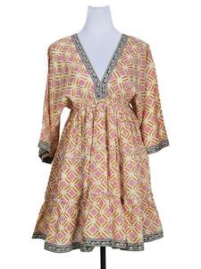 Casual Dress: Geometrical Screen-Printed V-neckline Cotton Short Dress