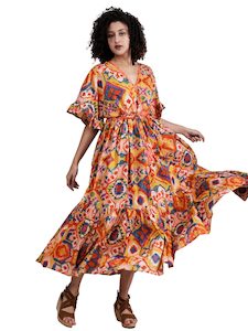 Casual Dress: Abstract Screen Print Empire Waist Maxi Dress