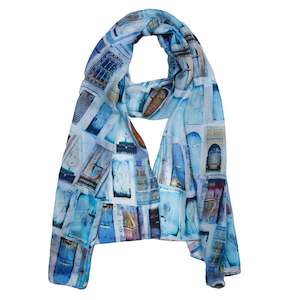 Blue Door Architectural Art Scarf – Pure Silk Designer Wrap | Moroccan Abstract Print