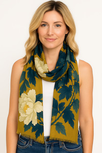 Budget Scarves: Golden Peony Floral Scarf – Merino Fine Wool Designer Wrap | Artistic Japanese Botanical Print