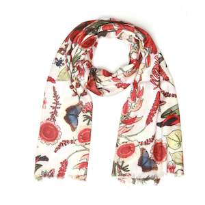 Fabric: Tropical Garden Scarf – Cotton Modal | Red Botanical & Exotic Bird Australian Coastal Print on White