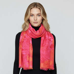 Crimson Blossom Abstract Scarf – Cotton Modal Designer Wrap | Red & Pink Floral Art Print