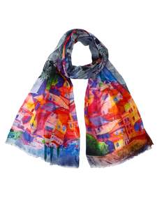 Merino Silk: Mediterranean Village Art Scarf – Merino Wool Silk Designer Wrap | Colorful Architectural Print