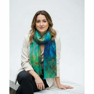 Ocean Breeze Abstract Scarf – Merino Wool Silk | Blue & Gold Artistic Print Wrap