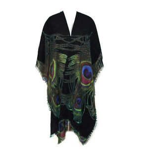 Peacock Feather Black Merino Wool Travel Cape