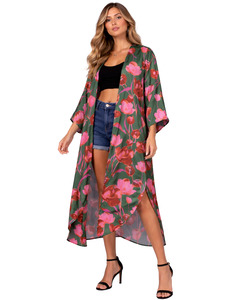Dresses: Blossom Garden Floral Modal Satin Long Kimono