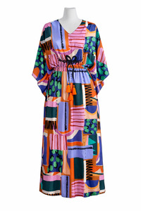 Kaftan: Abstract Mosaic Modal Satin Kaftan – Elastic Waist Long Kaftan Dress