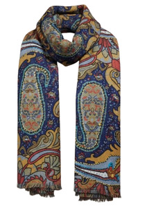 Midnight Royal Paisley Textured Woven Merino Silk Scarf
