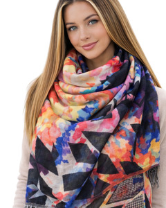 Vibrant Fusion Floral Abstract Hand-Painted Merino Wool Designer Scarf