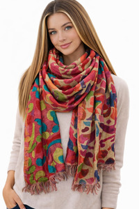 Embroidered: Crimson Garden Hand-Painted Merino Wool Designer Scarf