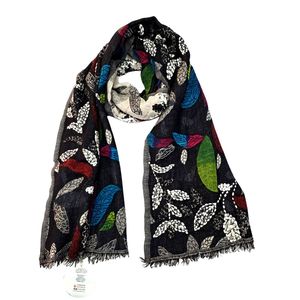 Midnight Botanical Multicolour Leaf Hand Embroidered Merino Silk Scarf