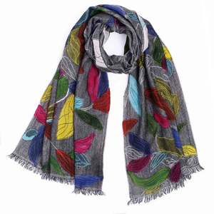 Hand-Painted Leaf Pattern Merino Wool Scarf – Multicolor Artistic Winter Scarf