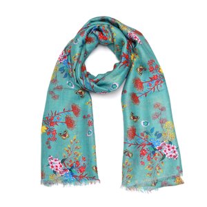 Teal Blossom Meadow Scarf – Merino Wool Silk Designer Wrap | Multicolour Botan&hellip;