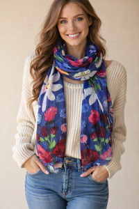 Merino Silk: Azure Garden Bloom – Merino Wool Vibrant Floral Scarf