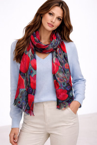 Merino Silk: Crimson Petal Cascade – Merino Wool Winter Scarf