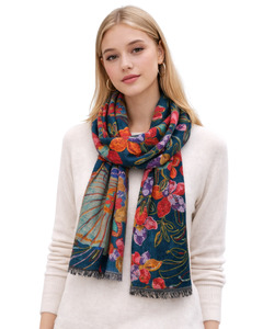 Embroidered: Teal Floral Garden – Merino Wool Designer Embroidered Scarf