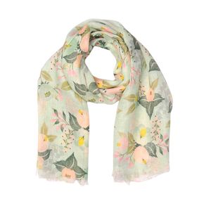 Mint Blossom Bouquet Scarf – Pure Linen Designer Wrap | Pastel Botanical Floral Print