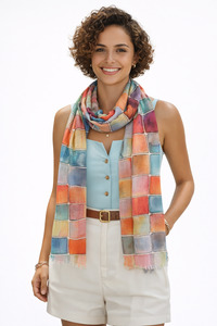 Linen: Rainbow Mosaic Abstract Scarf – Pure Linen Designer Wrap | Multicolour Geometric Tile Print