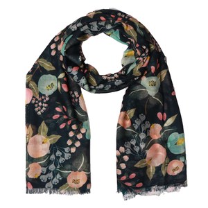 Linen: Midnight Bloom Bouquet Scarf – Pure Linen Designer Wrap | Dark Botanical Floral Print