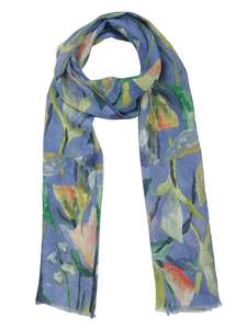 Linen: Azure Bloom Hand-Painted Floral Pure Linen Scarf | Artistic Designer Wrap