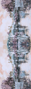 Canal Reflections Architectural Scarf – Pure Linen Designer Wrap | Pastel Cityscape Print
